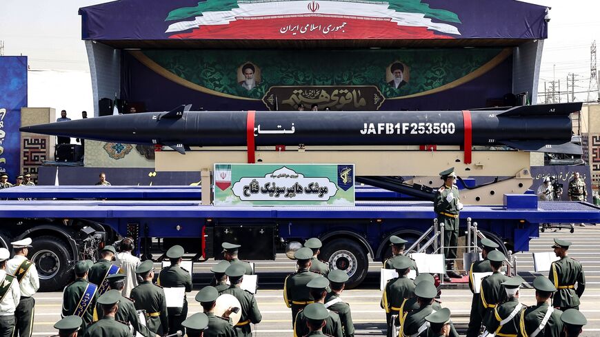 A truck carries an Iranian 'Fattah' hypersonic ballistic missile during the annual military parade marking the anniversary of the outbreak of the devastating 1980-1988 war with Saddam Hussein's Iraq, in Tehran on Sept. 22, 2023. 